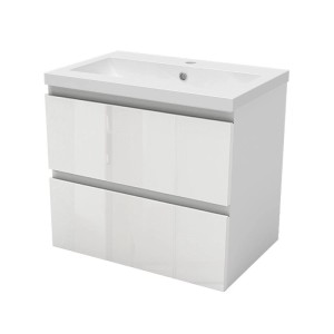 Weißer Waschtisch 60cm mit Keramik Waschbecken und Hochglanz Unterschrank. Modernes Badmöbel Set mit 2 Schubladen.