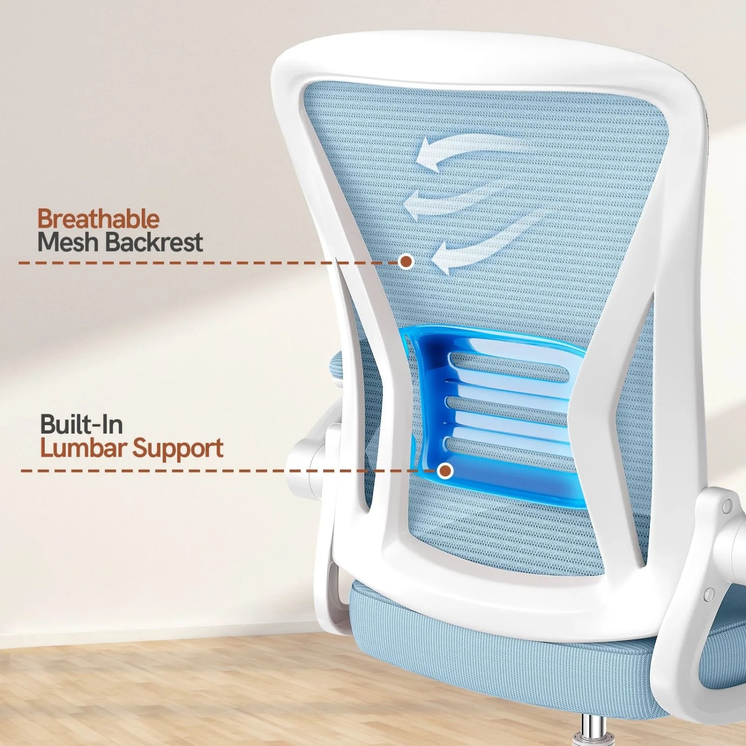 Blauer ergonomischer Bürostuhl mit atmungsaktiver Mesh-Rückenlehne und integrierter Lendenwirbelstütze.