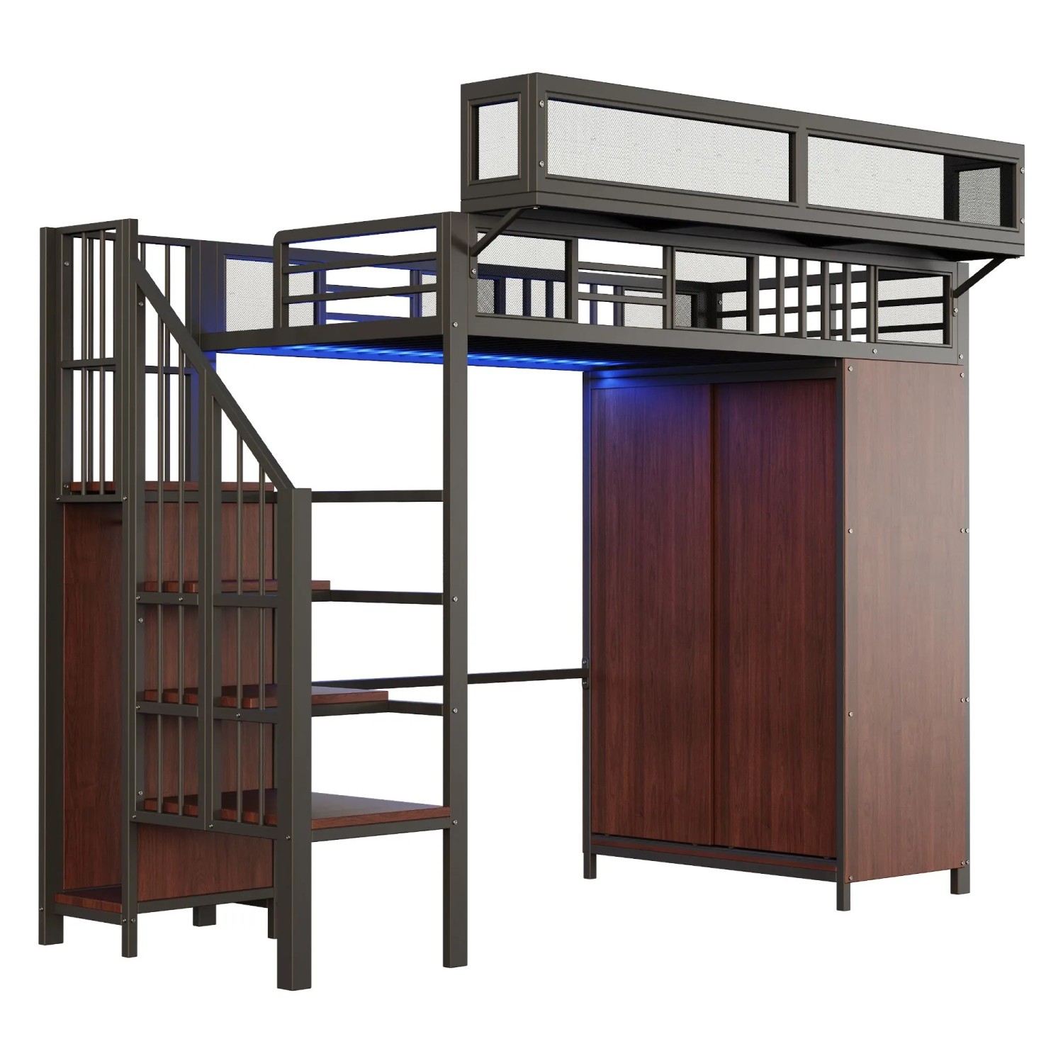 okwish Metall Hochbett 90x200cm mit Kleiderschrank LED Beleuchtung Schwarz ohne Matratze
