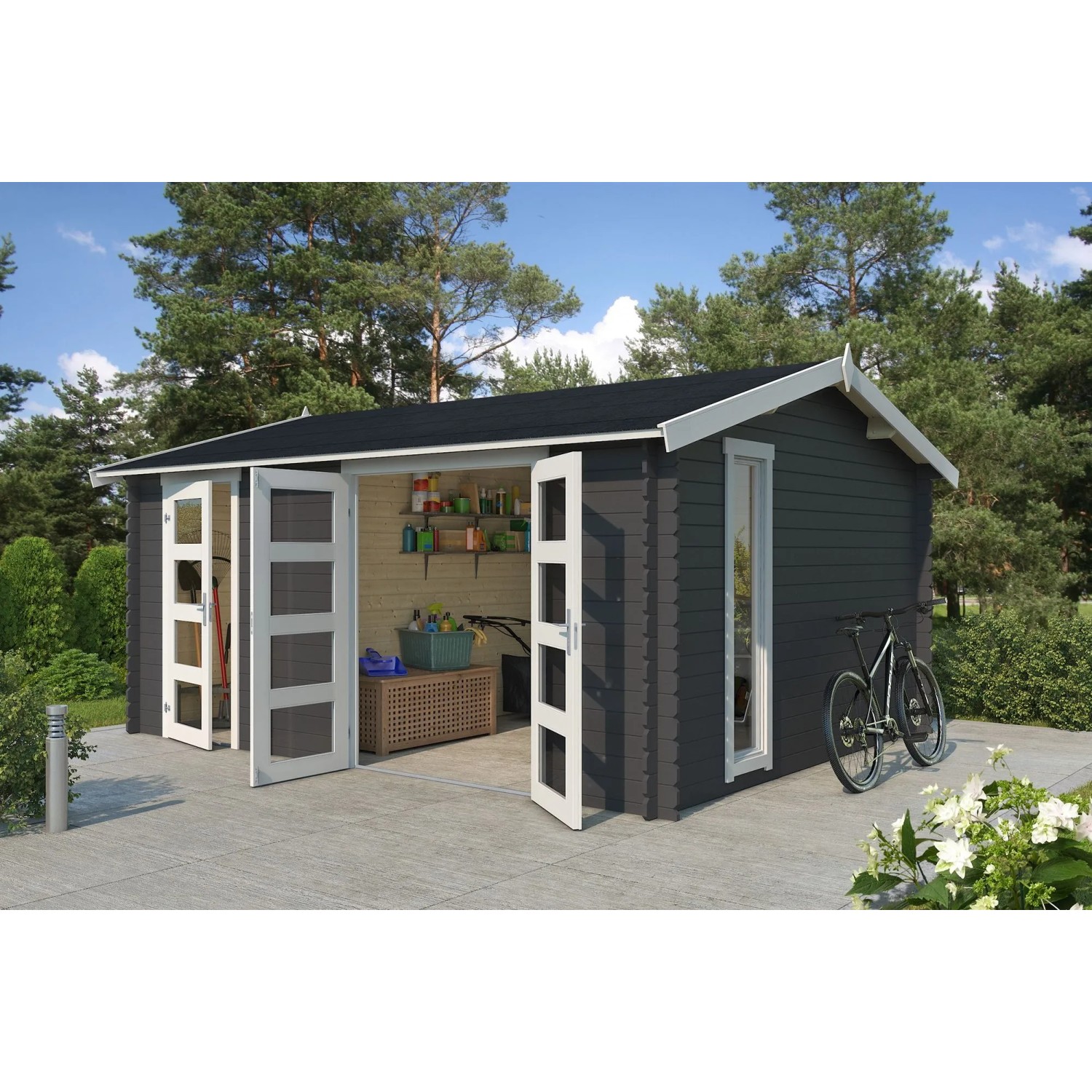 Lasita Holz-Gartenhaus Carroz 2 Satteldach Carbongrau Lasiert 456 cm x 360 cm