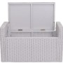Weiße MCW Sitzbank Genua aus Rattan mit Staufach und aufgeklapptem Deckel.