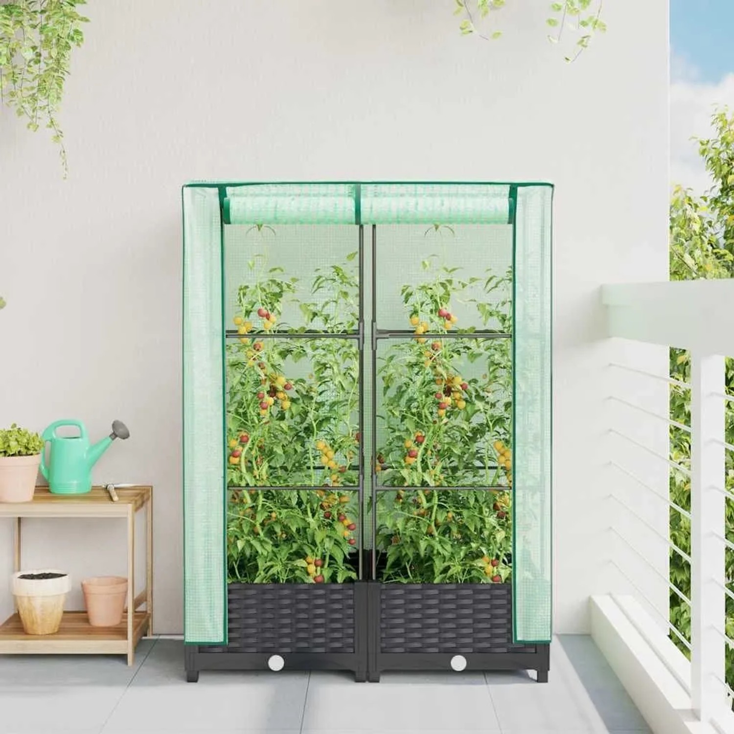 vidaXL Hochbeet mit Gewächshaus-Aufsatz in Rattan-Optik, 80x40x123 cm, mit wachsenden Tomatenpflanzen.