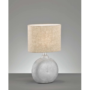 Silberne Design-Tischleuchte Foro von Fischer & Honsel, 36 cm hoch, mit Stoffschirm.