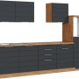 Moderne Küchenzeile in Grau und Wotaneiche (300 cm) ohne E-Geräte.