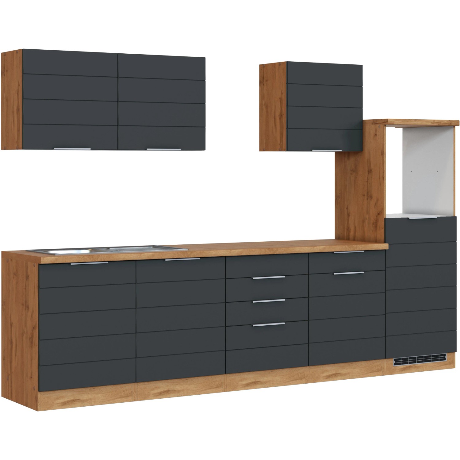 Moderne Küchenzeile in Grau und Wotaneiche (300 cm) ohne E-Geräte.