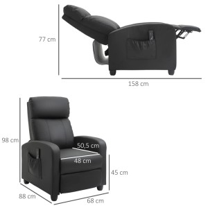 HOMCOM Massagesessel Schwarz mit Liegefunktion, Kunstleder, Seitentasche und Maßen 68x88x98 cm.