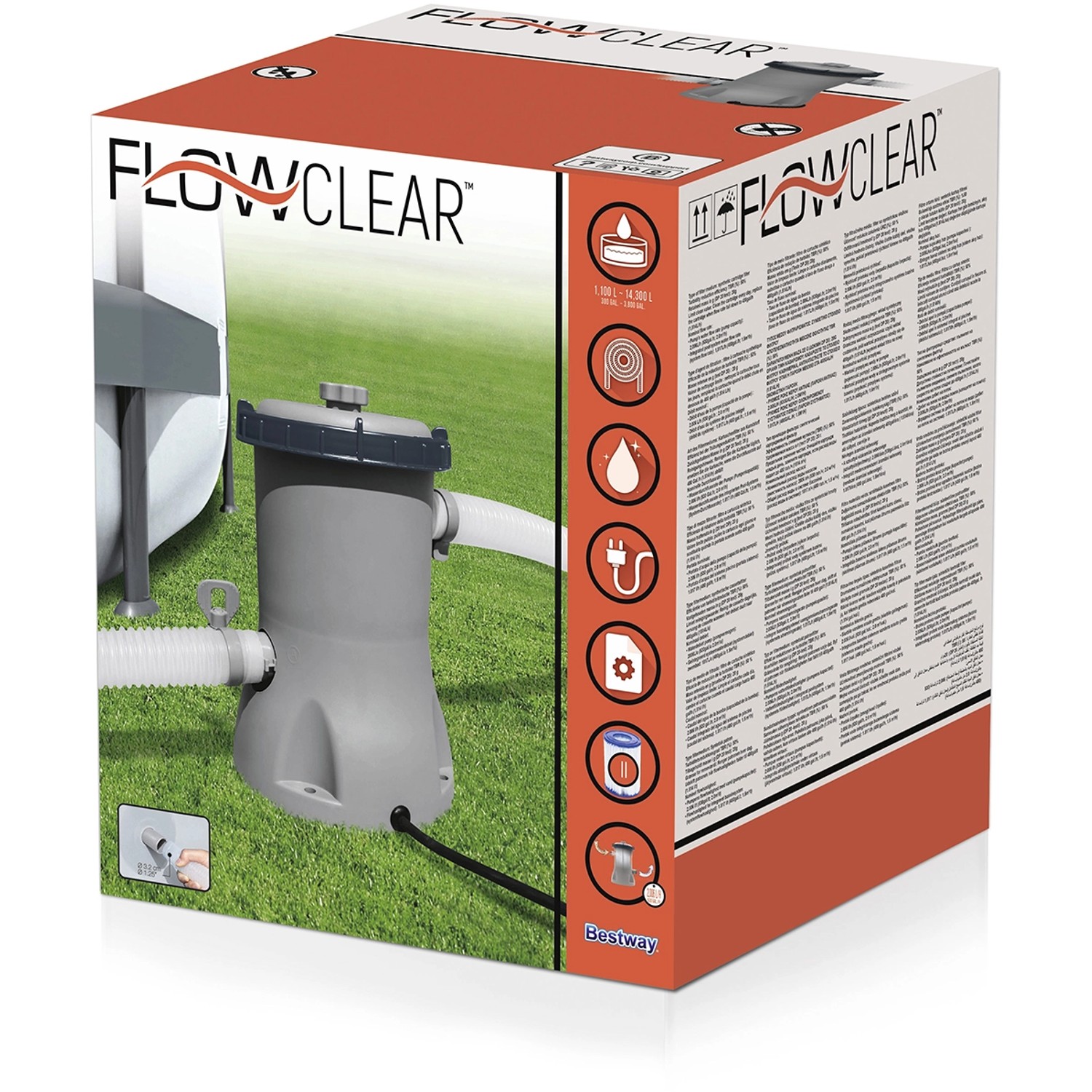 Bestway Flowclear Filterpumpe 2.006 l/h im Karton, für sauberes Poolwasser.