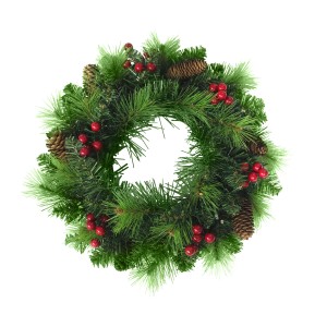 Weihnachtlicher LED-Kranz „Noel“ in Rot mit Tannenzweigen, roten Beeren und Zapfen für die Weihnachtsdeko.