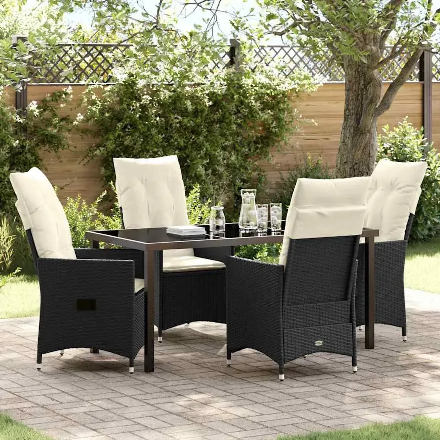 Schwarze 5-teilige vidaXL Garten Essgruppe aus Poly Rattan mit Kissen.