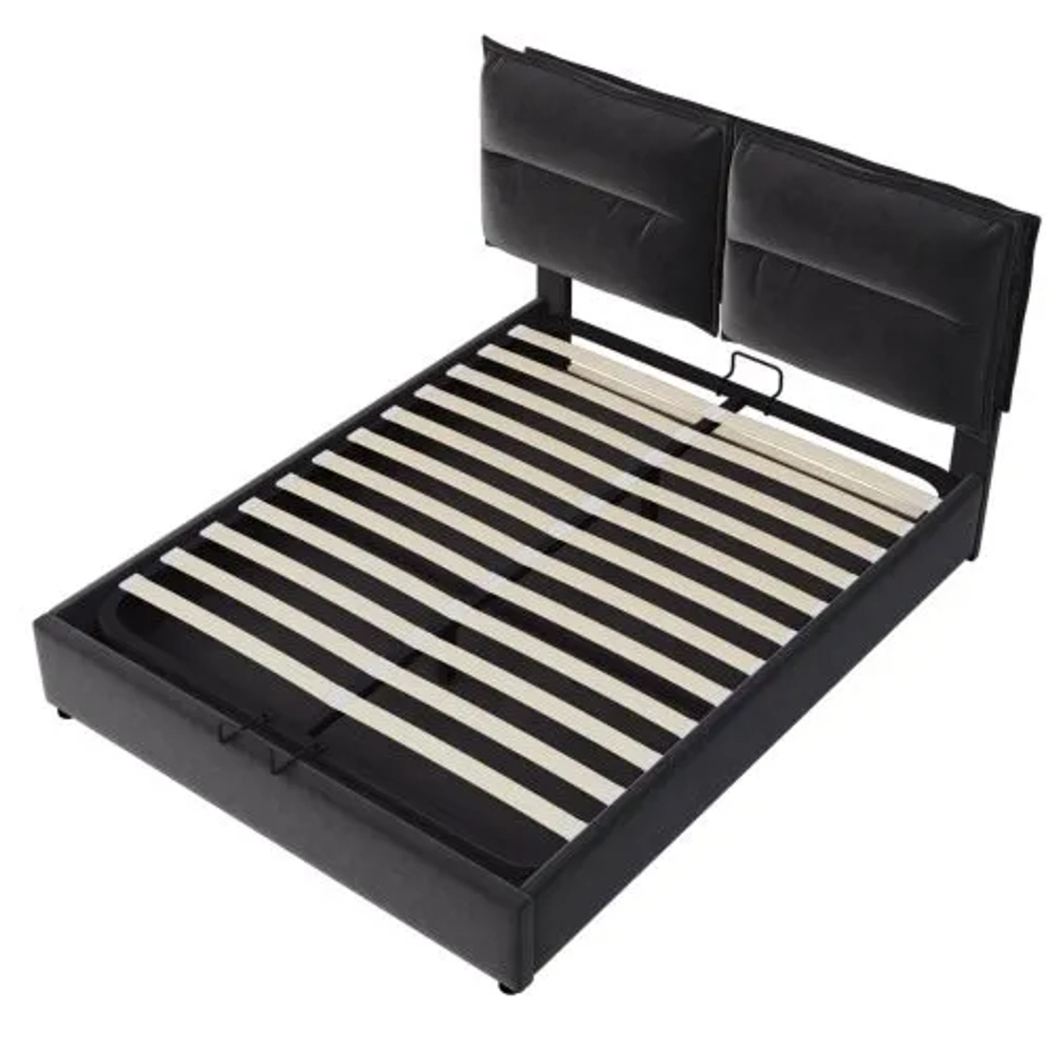 Schwarzes Samt-Doppelbett 140x200cm mit gepolstertem, verstellbarem Kopfteil, hydraulischem Stauraum und Lattenrost.