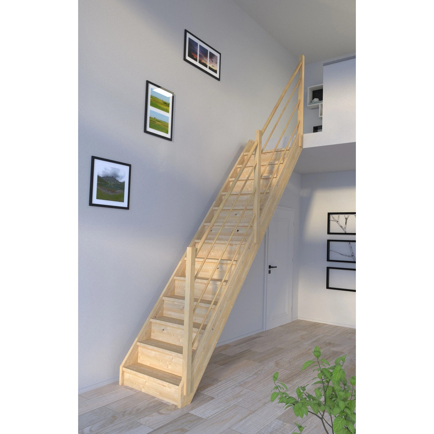 StarWood Treppe Korfu Fichte, gerade, mit Setzstufen und Holz-Design-Geländer rechts.