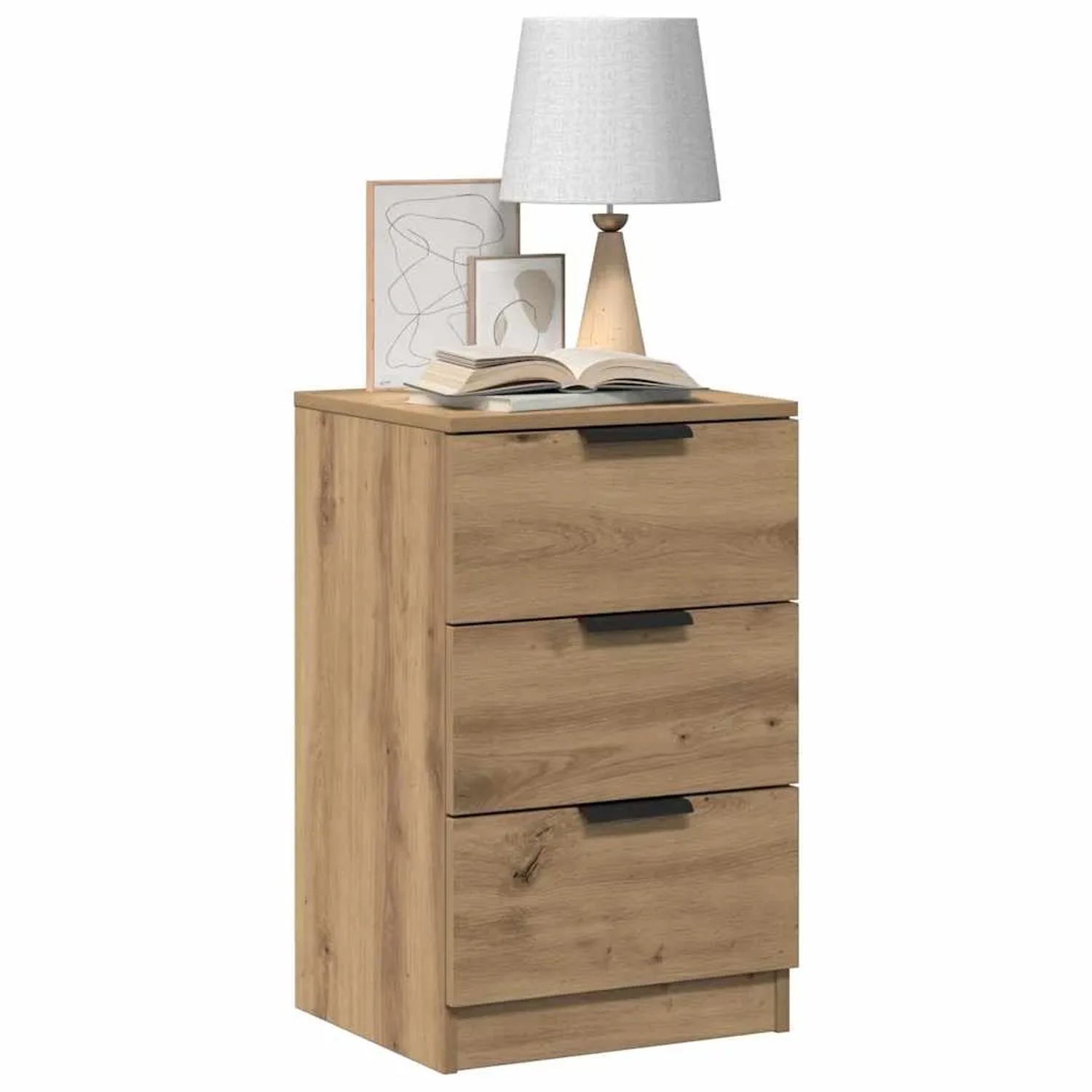 Nachttisch in Artisan-Eiche Optik mit 3 Schubladen und schwarzen Griffen. Moderner Nachtschrank aus Holzwerkstoff.