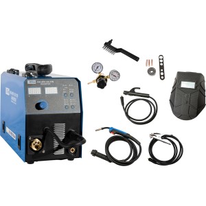 Güde Uni-Mig 165 SYN Universalschweißgerät mit Zubehör wie Schweißschild und Schlackenhammer.