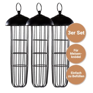 3er Set schwarze Meisenknödelhalter aus beschichtetem Metall, 29 cm, mit Ring zum Aufhängen für Wildvögel.