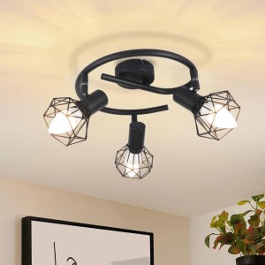 Schwarze ZMH Deckenleuchte mit 3 schwenkbaren E14 Spots im Retro Industrial Metall-Design. Ideal für flexible Beleuchtung.