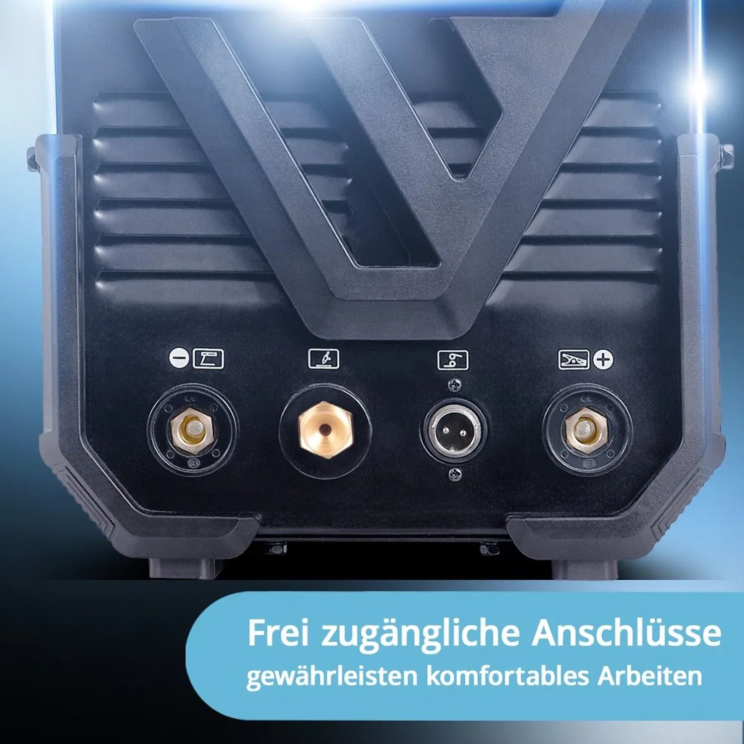 Rückseite des STAHLWERK ACDC WIG 200 ST Kombischweißgeräts mit gut zugänglichen Anschlüssen für WIG und MMA.