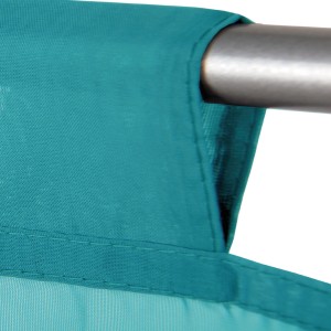 Türkisfarbene Bistrogardine mit Stangendurchzug, Raffoptik, geeignet für Fenstervorhänge.