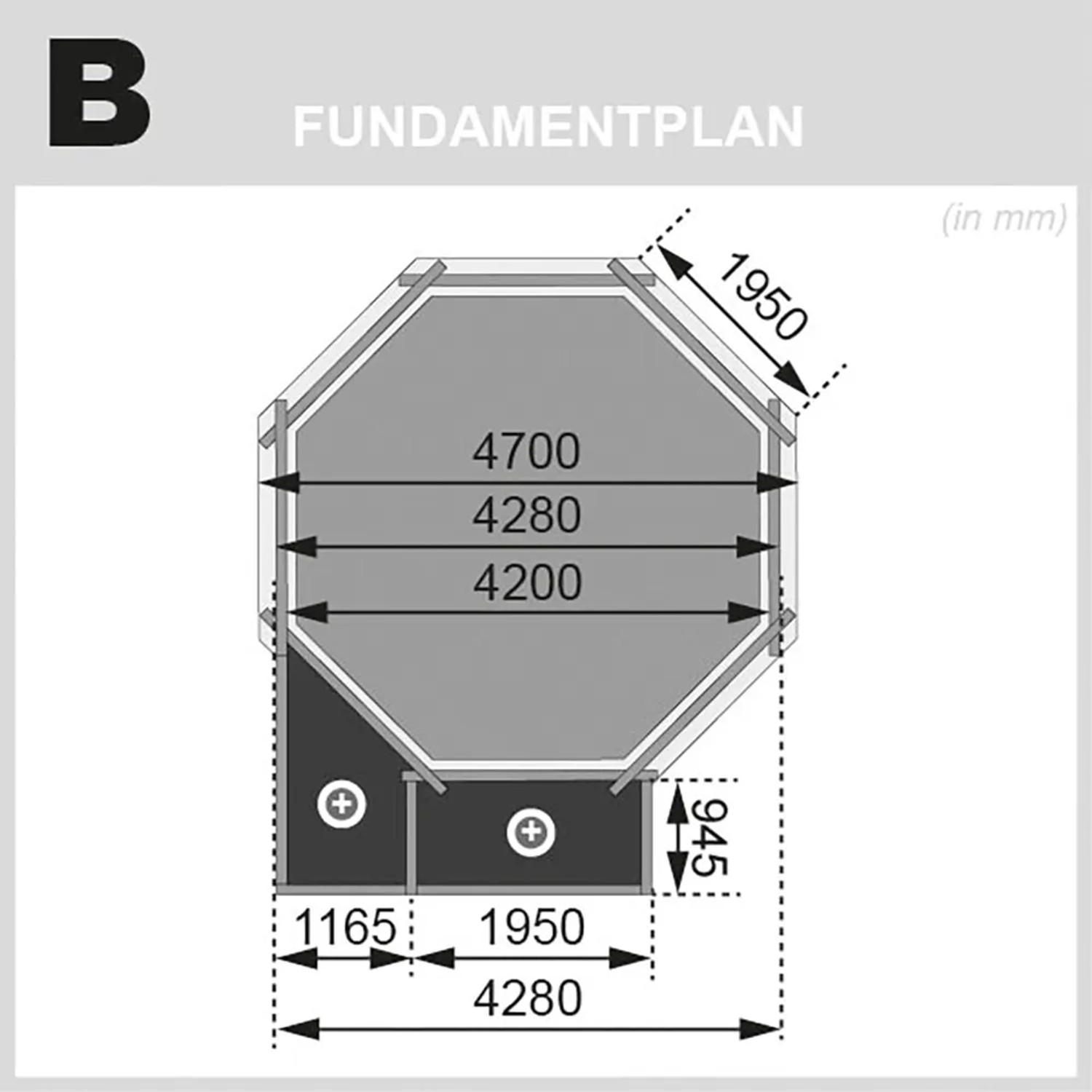 Fundamentplan für Karibu Pool Modell 2 C KDI Holzpool mit Maßangaben.