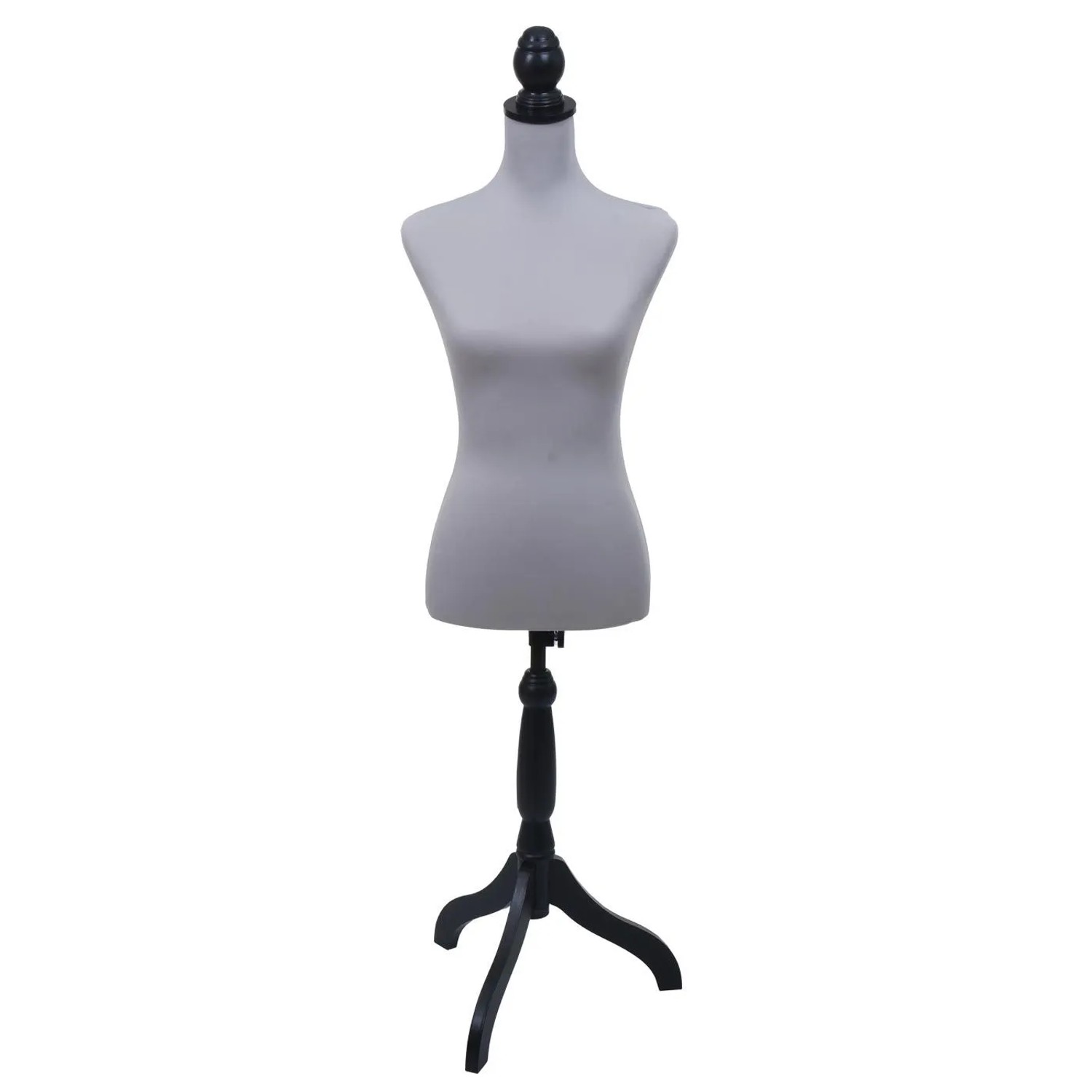 Graue weibliche Schneiderpuppe mit Schaumstofftorso, abnehmbarem Bezug und schwarzem Holzstand. Höhenverstellbar für Kleidung.