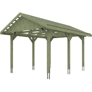 Grüner Satteldach-Carport Wallgau mit Dachlattung, 380x500 cm, Holzkonstruktion.