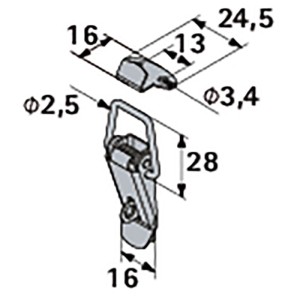 Technische Zeichnung: Hettich Kistenverschluss, abschließbar, 58x17mm, Edelstahl. Maße und Details.