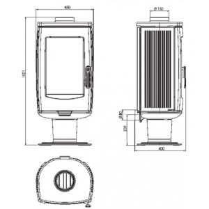 Technisches Maßbild des Plamen Gusskaminofens Aria 8 kW. Zeigt Front-, Seiten- und Draufsicht mit Maßen.