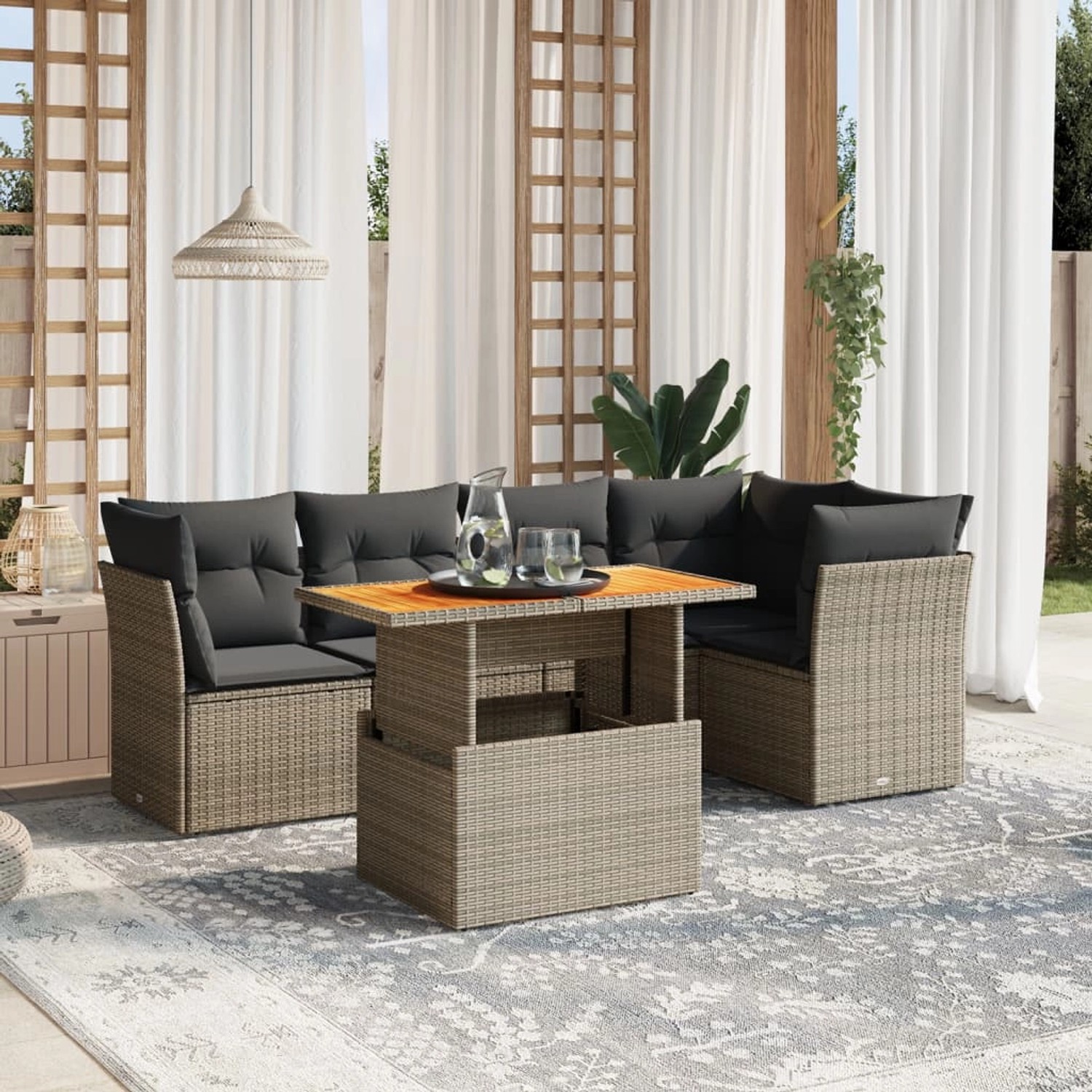 Graue 5-tlg. vidaXL Garten-Sofagarnitur aus Polyrattan mit Tisch und Kissen.