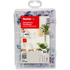 Fischer EasyDIY Box Gipskarton DuoBlade, 77-teiliges Dübel Set in transparenter Kunststoffbox.