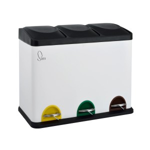 Weißer Svita Mülleimer TC3X15 mit 3 Fächern (45L) zur Mülltrennung. Treteimer aus pulverbeschichtetem Stahl.