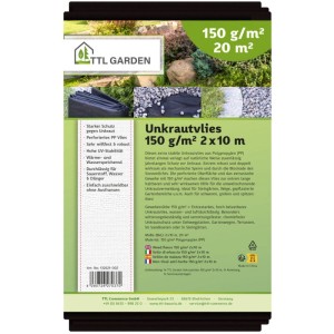 TTL GARDEN Unkrautvlies 150g/m² 2x10m 20m² Schwarz Extra Starkes Gartenvlies gegen Unkraut Mulchvlies Wasserdurchlässig & UV-stabil