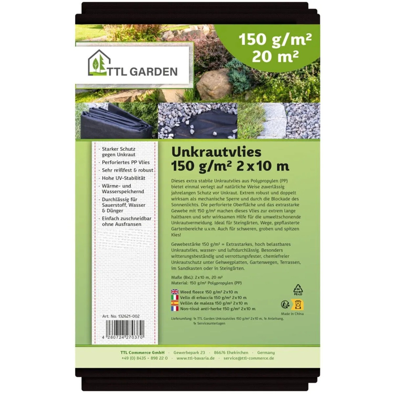 TTL GARDEN Unkrautvlies 150g/m² 2x10m 20m² Schwarz Extra Starkes Gartenvlies gegen Unkraut Mulchvlies Wasserdurchlässig & UV-stabil