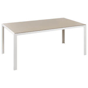 Rechteckiger Beliani Gartentisch CATANIA, beige Glasplatte, weißes Aluminiumgestell, 160x91 cm.