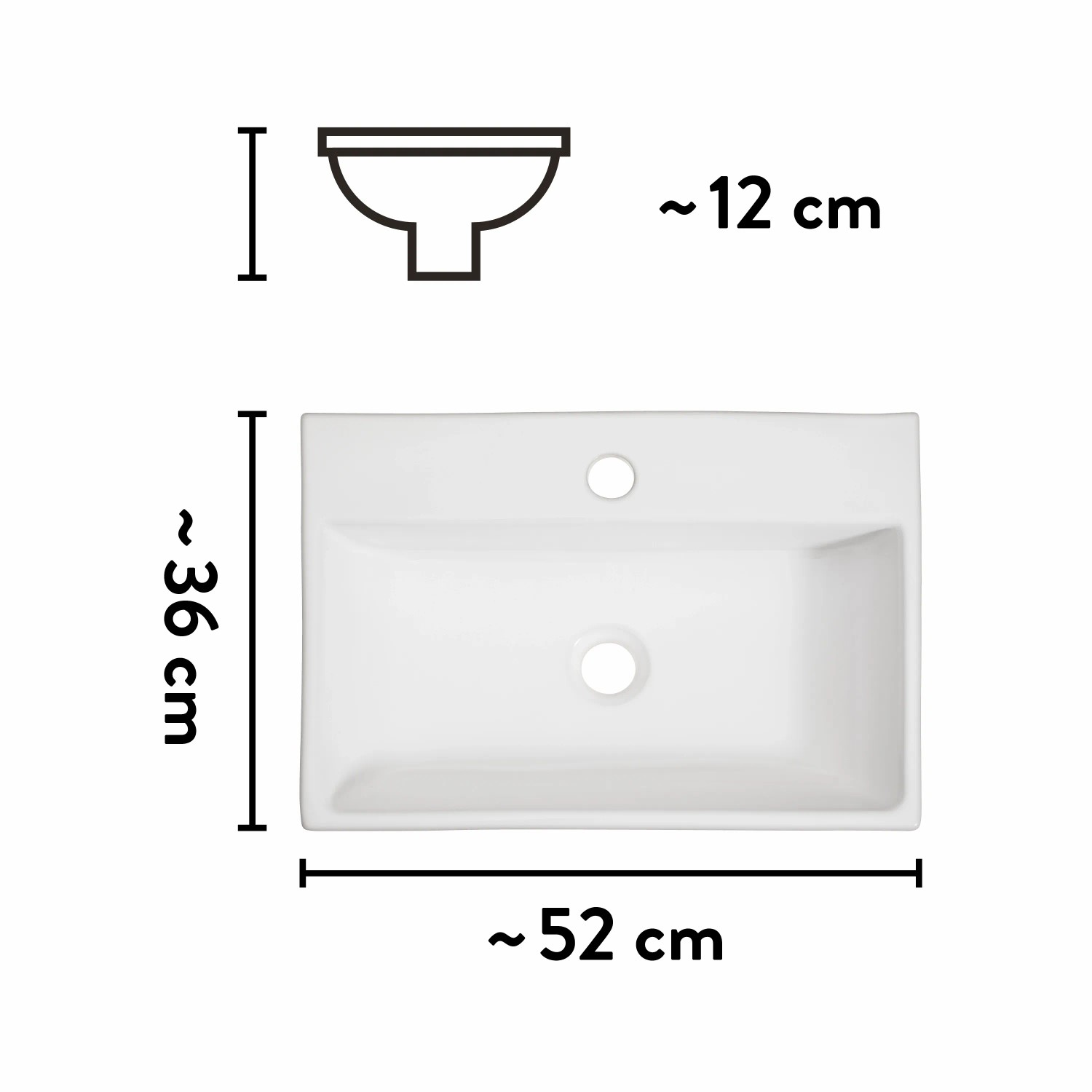 Draufsicht: Weißes, eckiges baliv Aufsatzwaschbecken WBA-7020 mit Hahnloch, Maße ca. 52x36 cm.