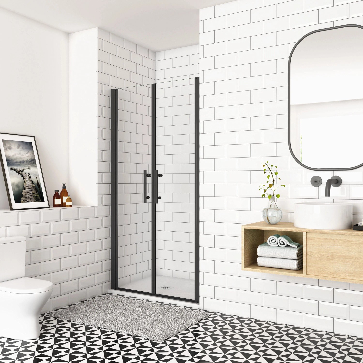 Duschparadies Duschtür Nischentür 90 x 195cm Pendeltür 6mm ESG Nano Glas Schwingtür Doppeltür Klarglas Schwarzrahmen