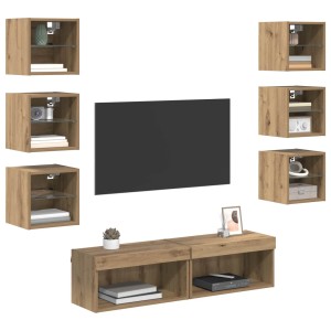 vidaXL TV-Schränk mit LED-Lichtleisten 8-Tlg Artisan-Eiche Glas 3402939