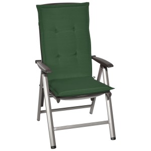 Dunkelgrüne Beautissu Hochlehner Auflage Loft HL 120x50x6cm auf Gartenstuhl.