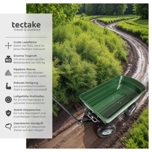 Grüner Tectake Bollerwagen mit Kippfunktion und Luftreifen für Camping & Garten.
