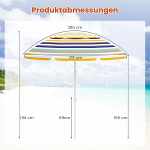 COSTWAY Sonnenschirm Strand, 179 cm, gestreift, mit Maßangaben.