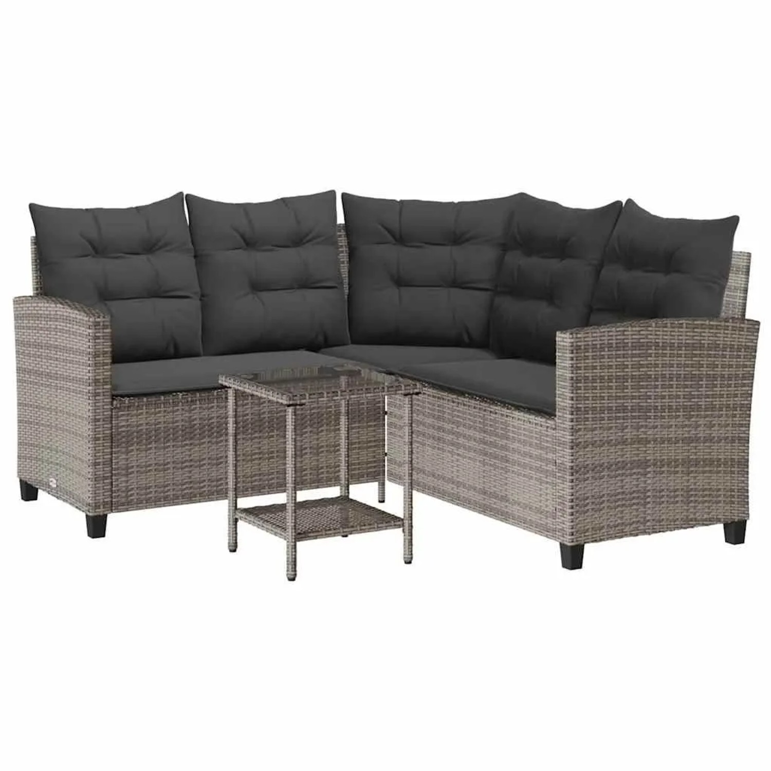 vidaXL Gartensofa in L-Form mit Tisch und Kissen Grau Poly Rattan 4103874