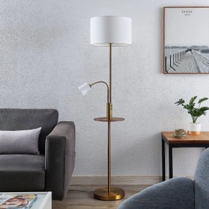 Moderne Lindby Stehlampe Aovan in Bronze mit USB-Anschluss und Ablage.