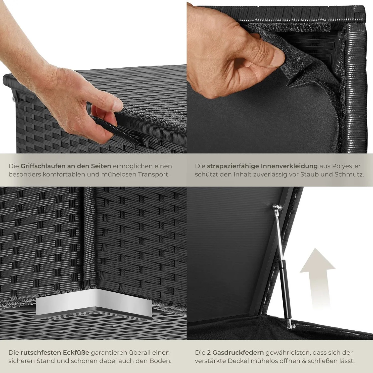 Tectake Auflagenbox Oslo, 750L, Rattangeflecht, schwarz. Kissenbox mit Griffschlaufen, Innenverkleidung und Gasdruckfedern.