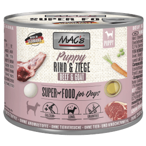 Mac's Dog Puppy Hunde-Nassfutter Rind & Ziege 200g Dose. Getreidefrei mit Fleisch, Karotten, Erbsen, Ei, Leinöl.