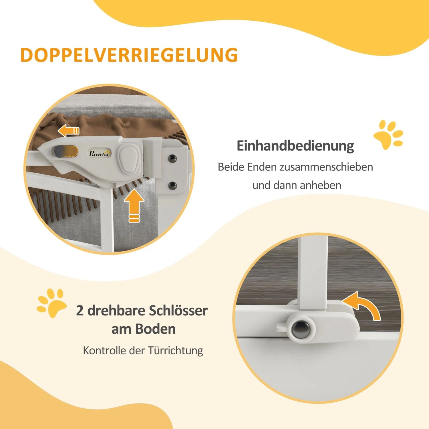 PawHut Treppenschutzgitter: Nahaufnahme der doppelten Verriegelung mit Einhandbedienung und der drehbaren Bodenschlösser.