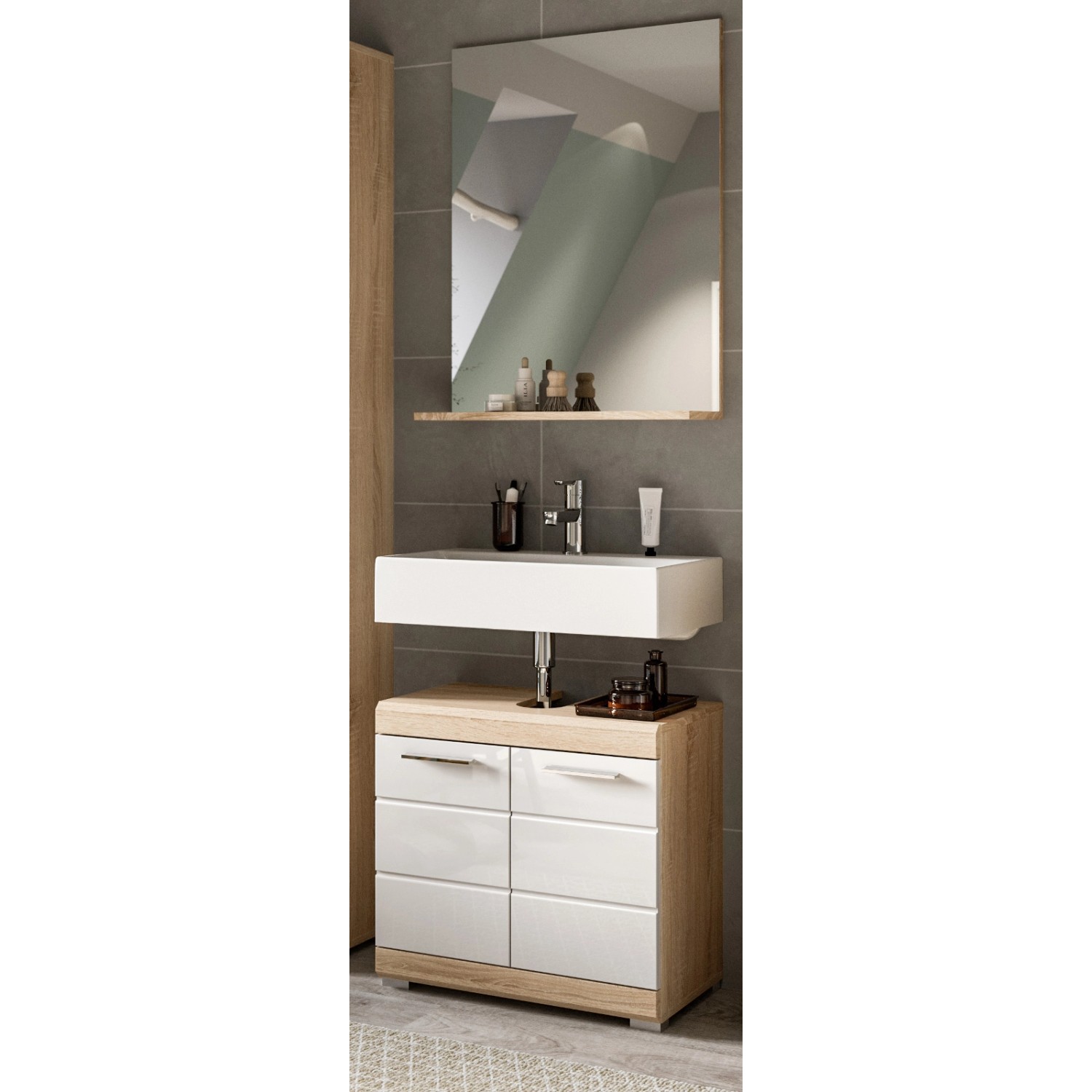 Inn.Furn Badmöbel Set 2-teilig in Weiß Hochglanz und Eiche 60 cm Mambo günstig online kaufen