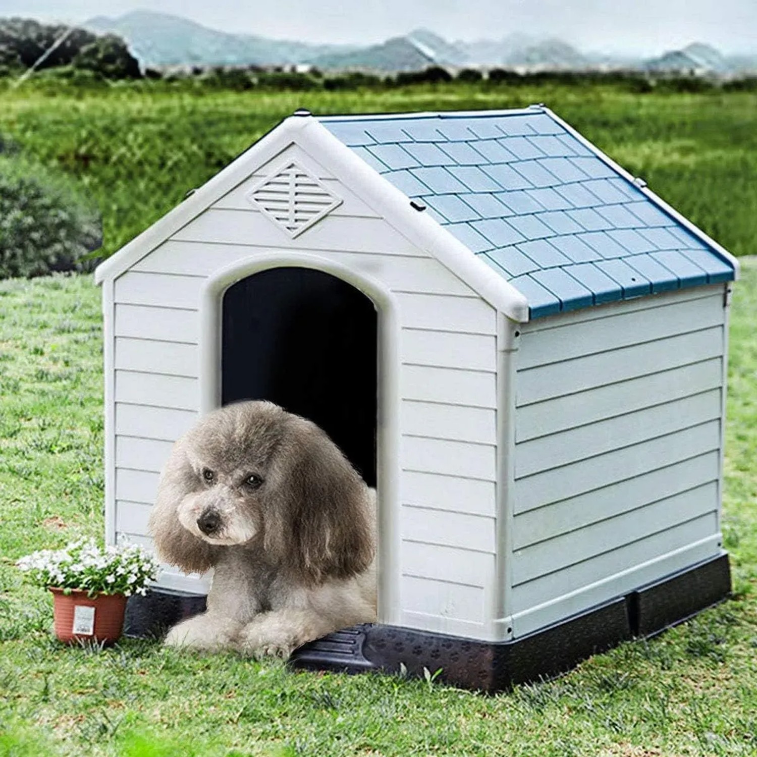Costway Hundehütte Hundehaus Blau & Weiß 87.7 x 78.5 x 81.5 cm_4