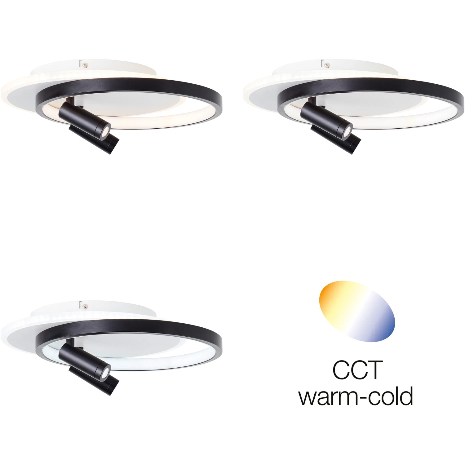 Moderne LED-Deckenleuchte Eunomia, 2-flammig, schwarz-weiß, mit schwenkbaren Spots und CCT-Funktion.
