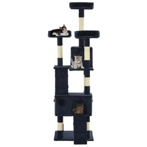 Blauer vidaXL Katzen-Kratzbaum mit Sisal-Säulen, 170 cm hoch, mit Katzen.