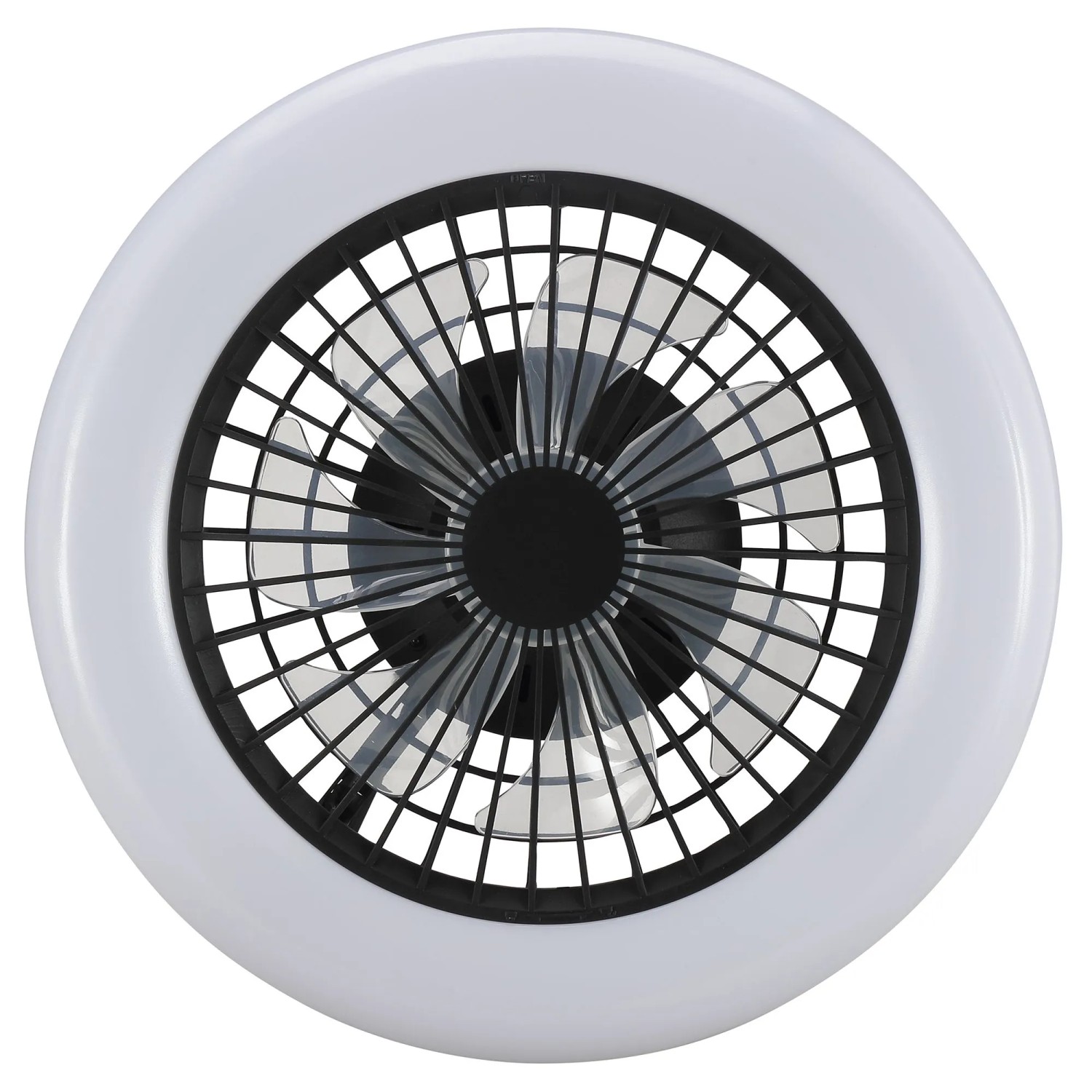 Runde, schwarze LED-Deckenleuchte Montero mit Ventilator und weißem Rahmen, Ø 42 cm.