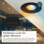 Schwarzer, dimmbarer LUXULA LED Einbauspot mit CCT Farbwahl und Lichtstrahlen in verschiedenen Farben.