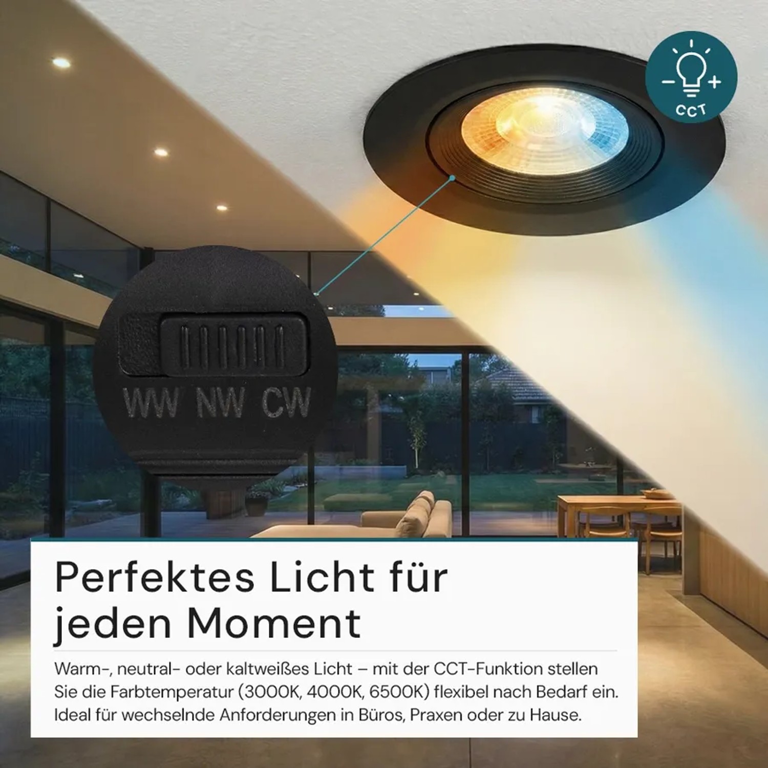 Schwarzer, dimmbarer LUXULA LED Einbauspot mit CCT Farbwahl und Lichtstrahlen in verschiedenen Farben.